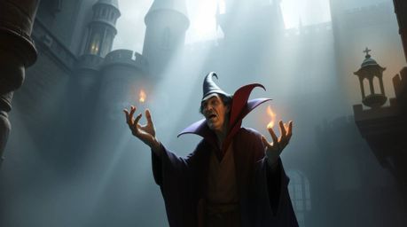 A captivating digital painting depicts a classic Disney villain casting a spell within the ancient walls of an old castle. Th