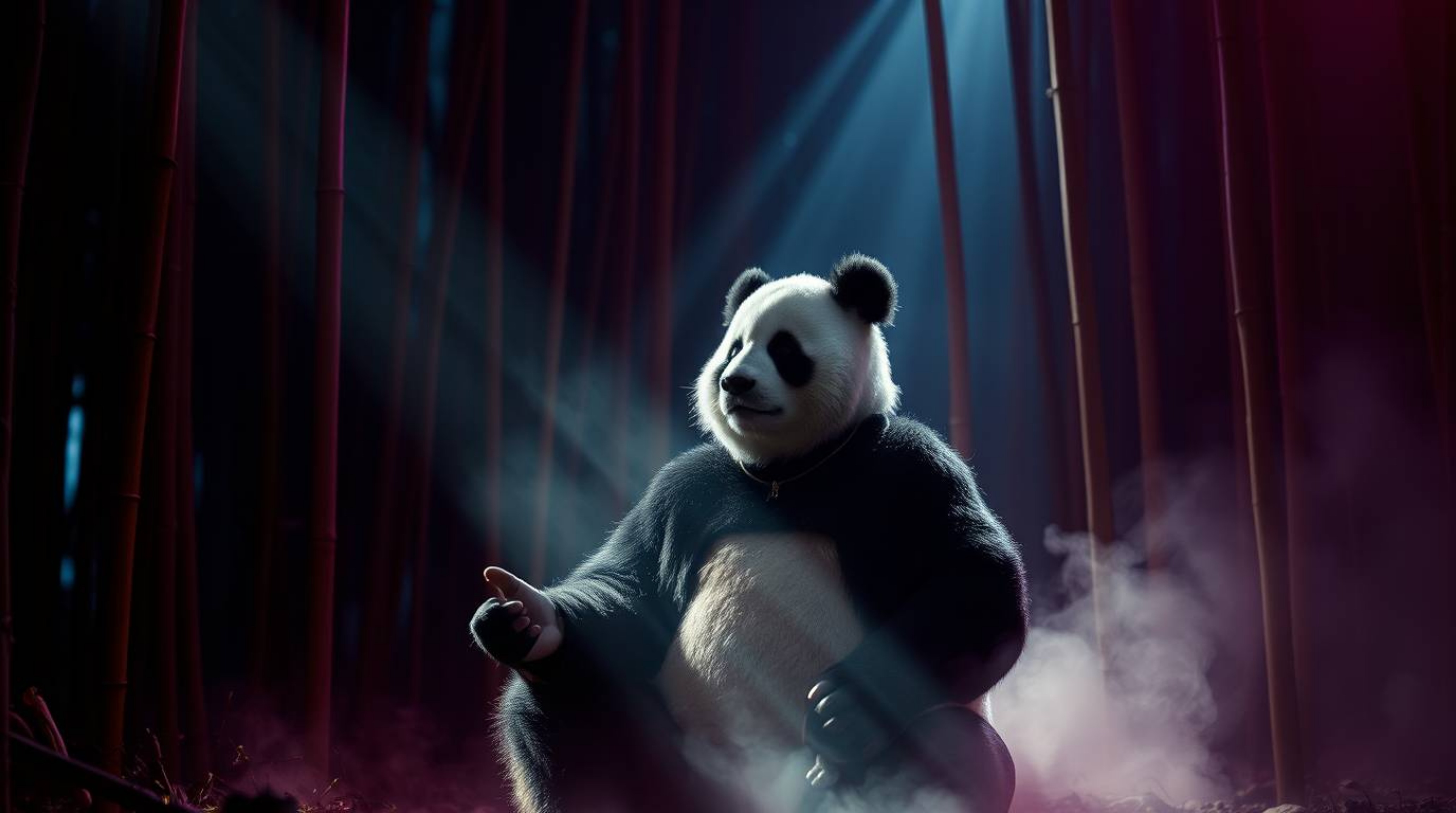A captivating image depicts a sophisticated panda martial artist in deep meditation within a serene bamboo forest.  Volumetri