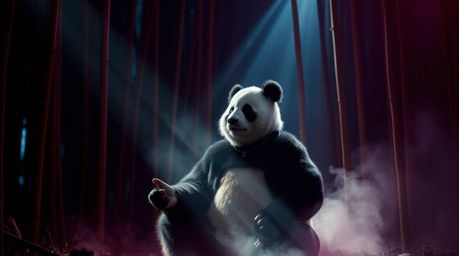 A captivating image depicts a sophisticated panda martial artist in deep meditation within a serene bamboo forest.  Volumetri
