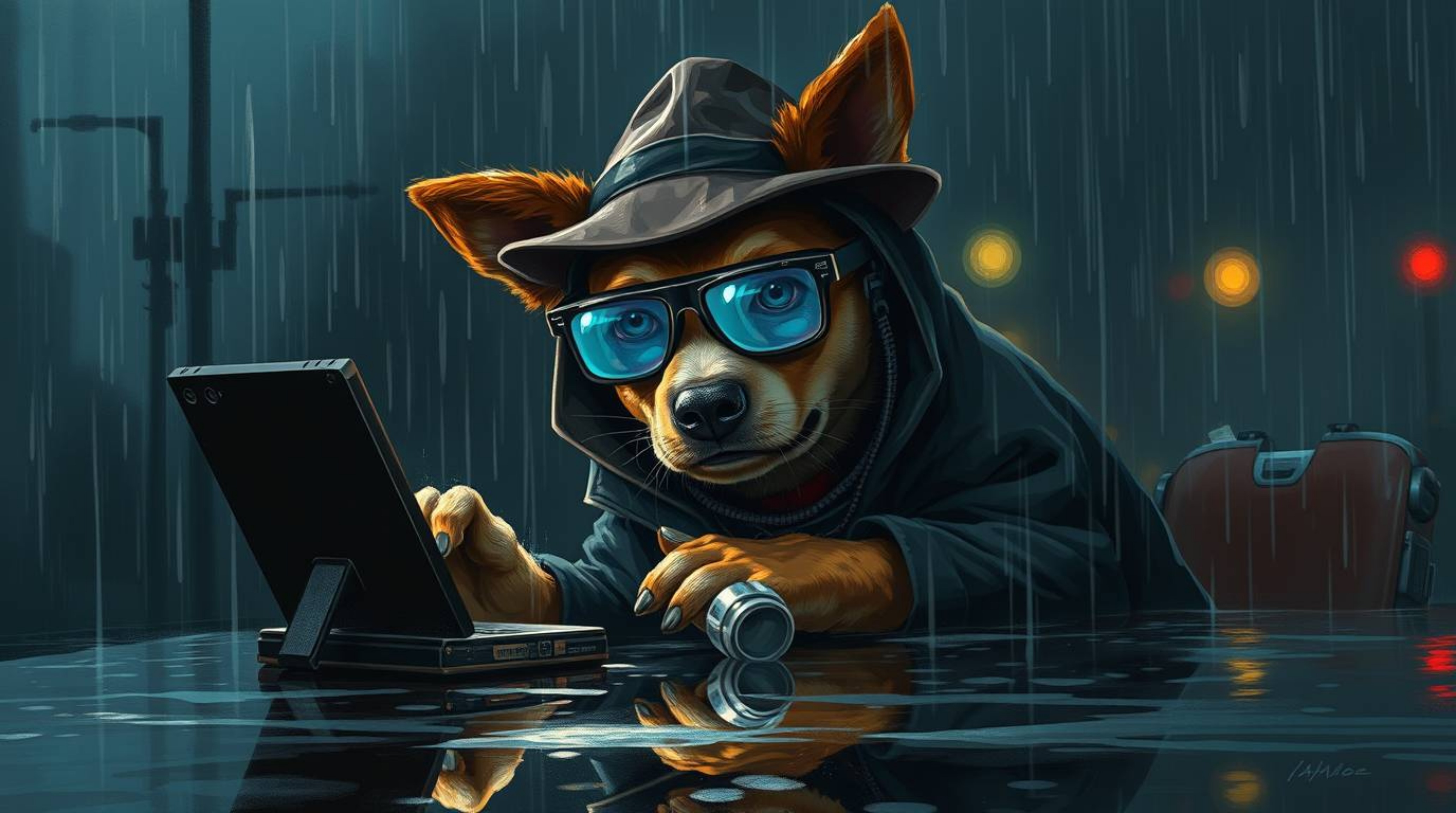 A captivating digital painting showcases a dog detective immersed in a noir-style investigation.  Equipped with high-tech gad