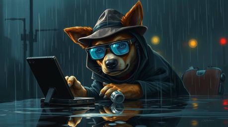 A captivating digital painting showcases a dog detective immersed in a noir-style investigation.  Equipped with high-tech gad
