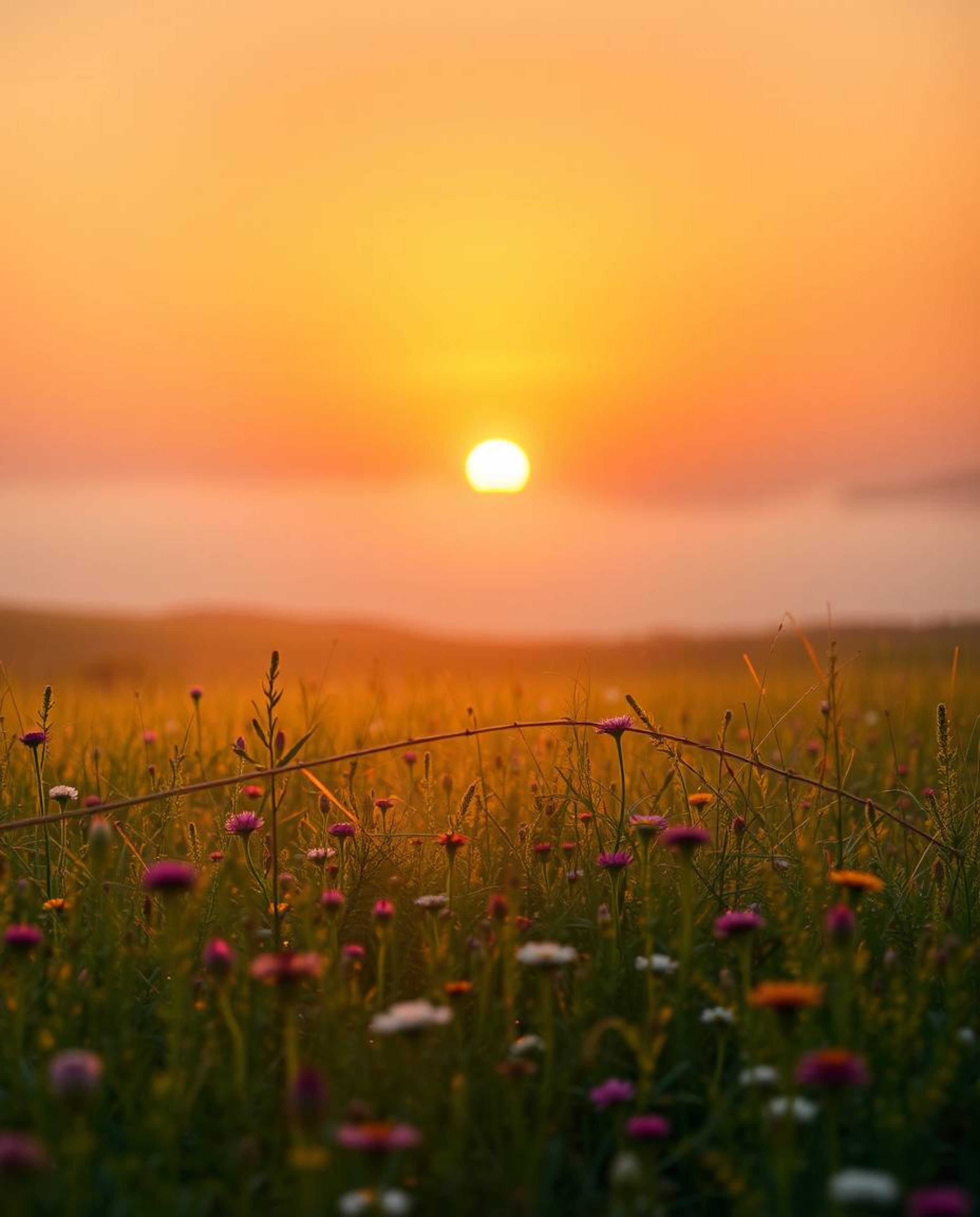 An ethereal and mystical sunset over a spring wildflower meadow, captured with stunning volumetric lighting. The scene is cha