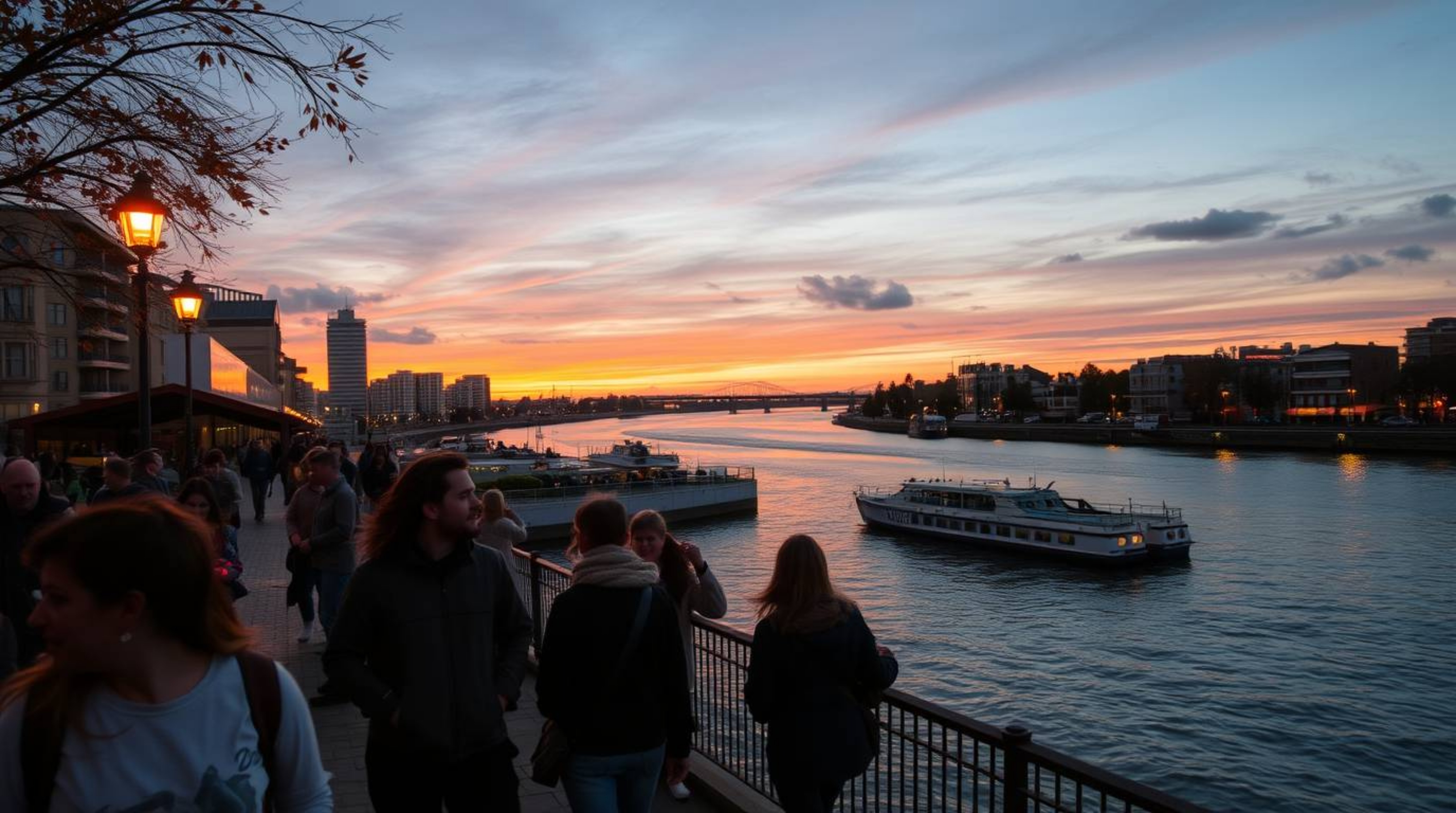 Capture the essence of urban life with candid street photography featuring a river delta bathed in warm autumnal colors. This
