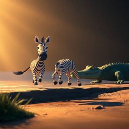This captivating fine art photograph depicts a whimsical scene: a 3D cartoon zebra bravely escaping a crocodile near a lush r