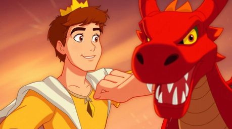 A charming prince with sun-kissed skin valiantly battles a dragon in a scene rendered in the vibrant, fiery tones reminiscent