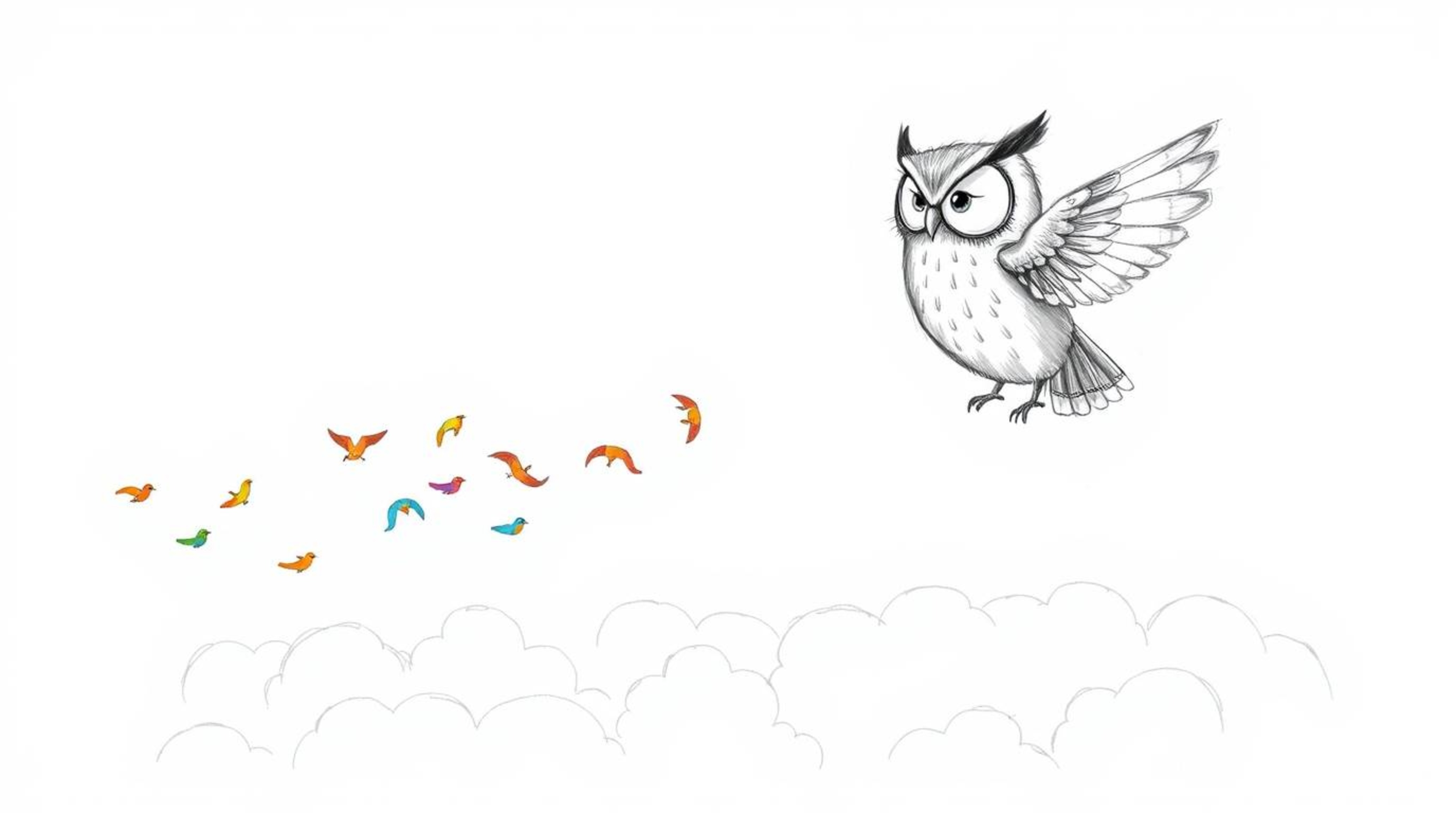 A Pixar-inspired hand-drawn sketch depicts a blind owl, textured with pencil strokes and rough lines, guiding a flock of smal