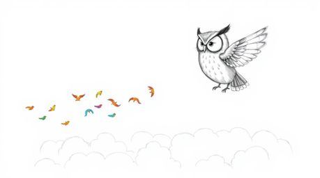A Pixar-inspired hand-drawn sketch depicts a blind owl, textured with pencil strokes and rough lines, guiding a flock of smal