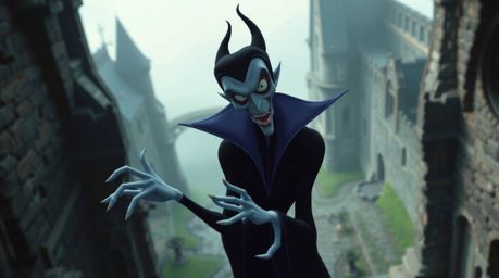 A captivating cinematic depiction of a classic Disney villain casting a spell within an ancient castle.  The bird's-eye persp