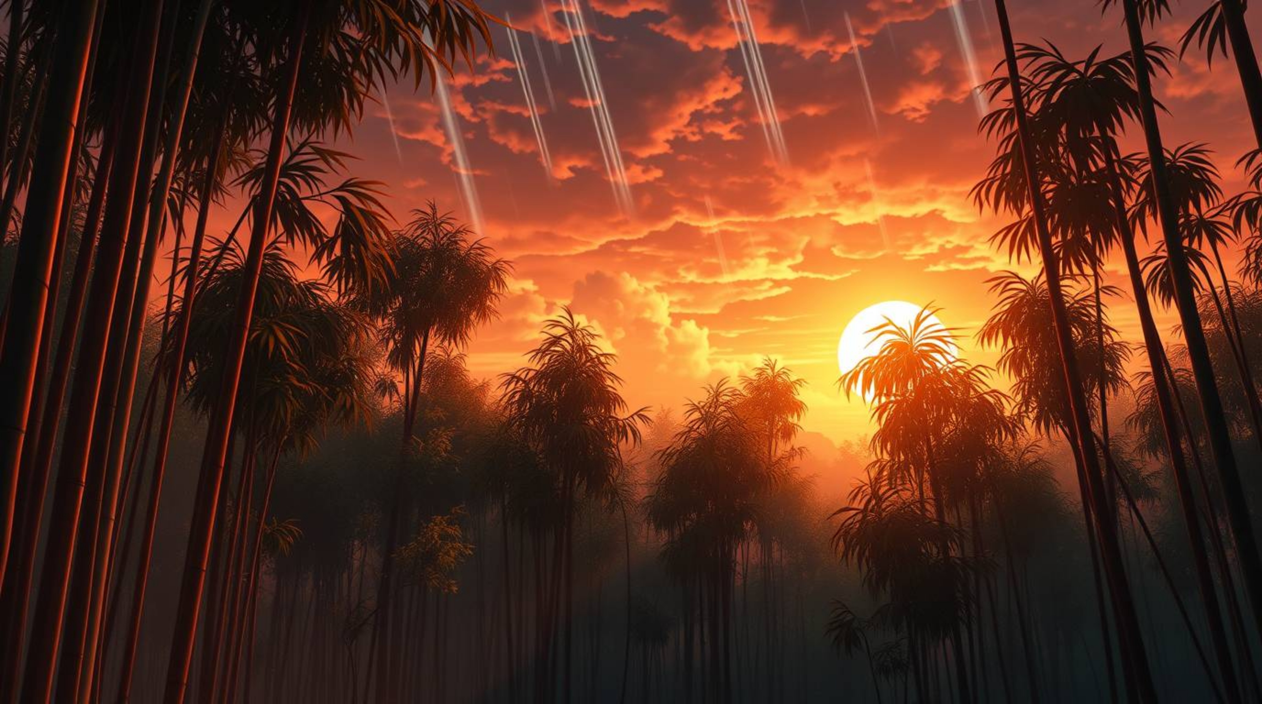 Experience the captivating beauty of an Isekai anime-style scene featuring a bamboo forest bathed in warm sunset light.  The 