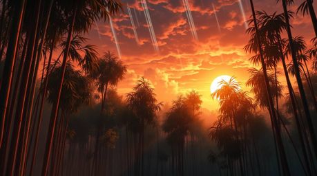 Experience the captivating beauty of an Isekai anime-style scene featuring a bamboo forest bathed in warm sunset light.  The 