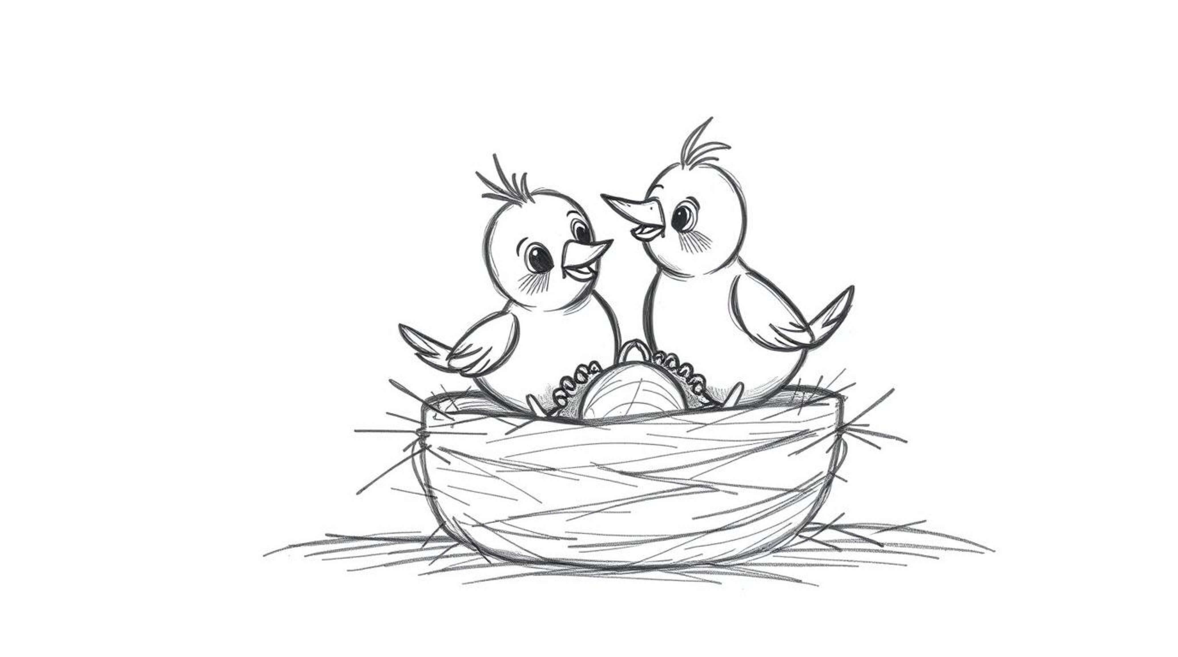This image features a charming hand-drawn sketch in a classic animation style, showcasing two cartoon birds diligently buildi