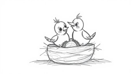 This image features a charming hand-drawn sketch in a classic animation style, showcasing two cartoon birds diligently buildi
