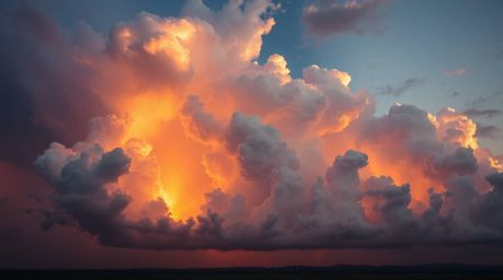 Experience an epic and grand scene of thunderstorm clouds dramatically illuminated by the vibrant light of a setting sun. Pre