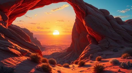 A stunning digital painting captures a vibrant desert sunset viewed through a natural rock arch.  Bathed in warm, golden hour