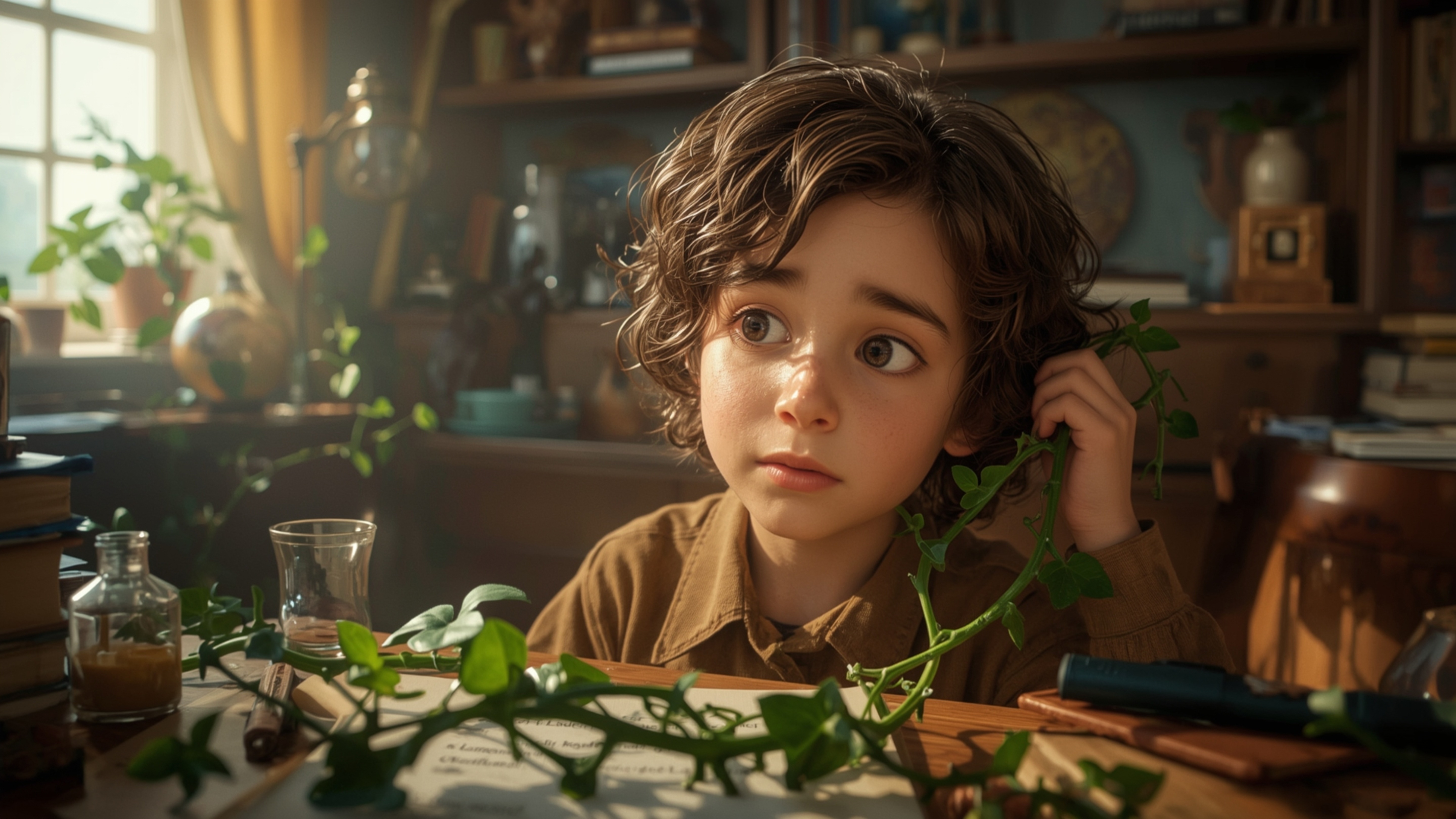 In a vibrant, cinematic photograph rendered in a hyper-realistic, Pixar-inspired style, a dynamic science fair duo unwittingl