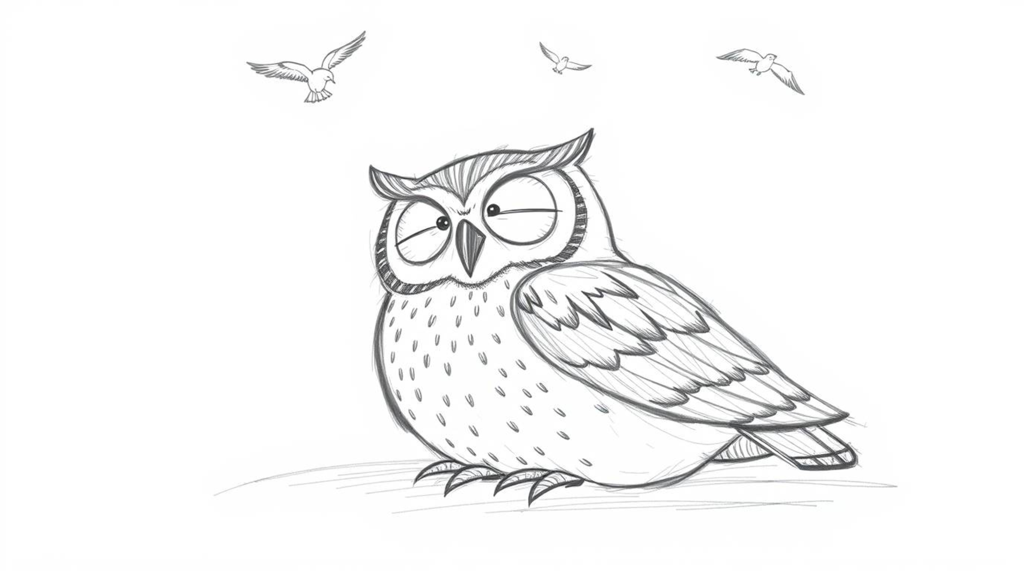 A heartwarming hand-drawn sketch of a blind owl, rendered in a Pixar animation style, showcases textured pencil strokes and c