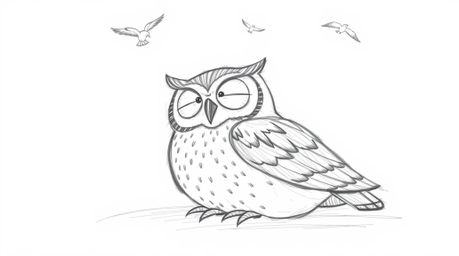 A heartwarming hand-drawn sketch of a blind owl, rendered in a Pixar animation style, showcases textured pencil strokes and c