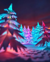Bioluminescent colors glow on intricate origami snowy pine trees at sunset. Low-angle perspective, vibrant glow, natural ligh