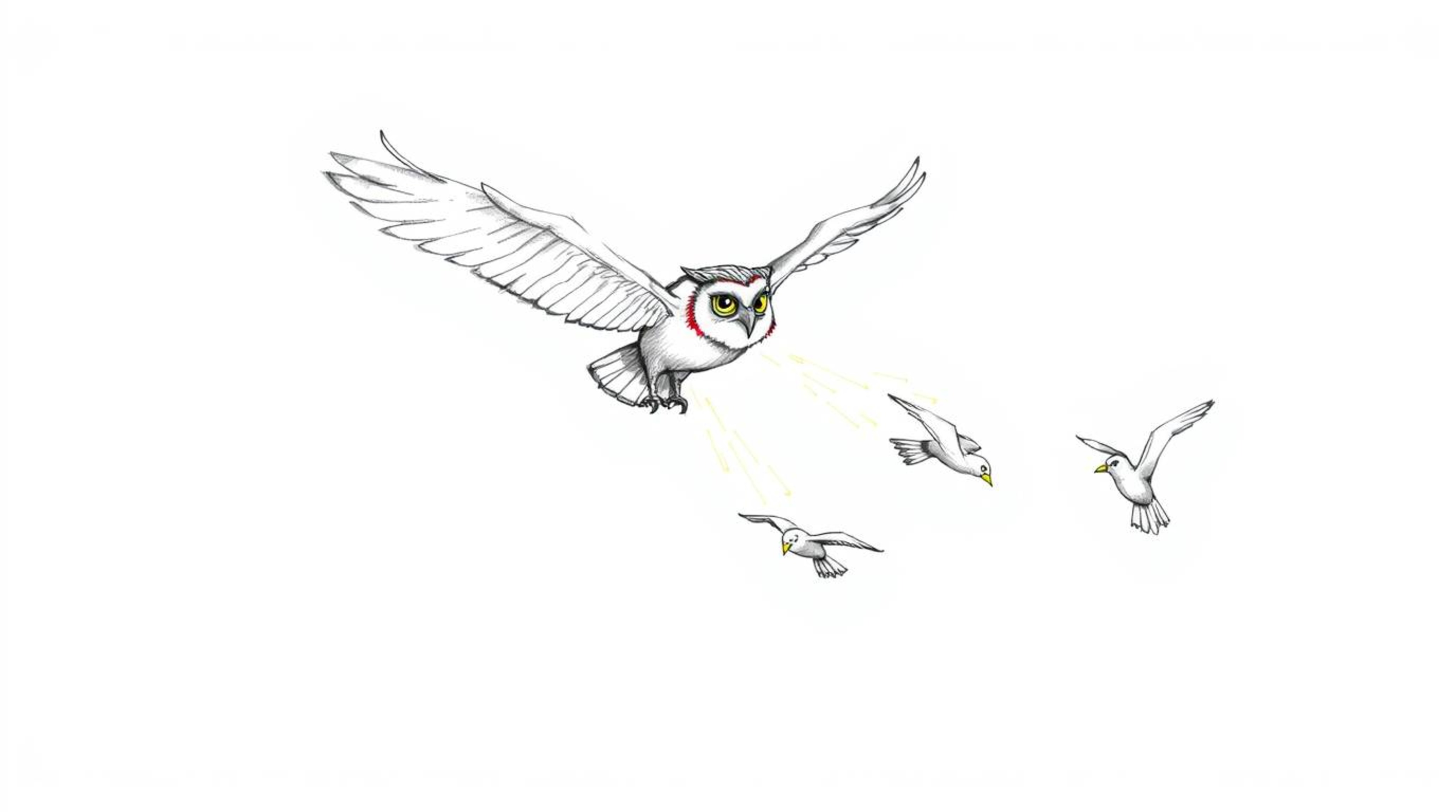 A heartwarming hand-drawn sketch in the style of Pixar showcases a blind owl mid-flight, demonstrating the art of soaring to 