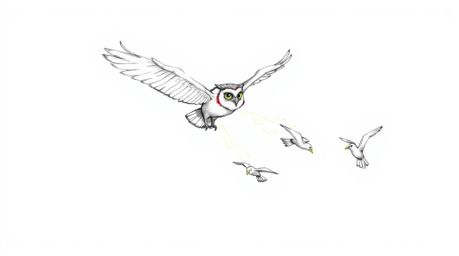 A heartwarming hand-drawn sketch in the style of Pixar showcases a blind owl mid-flight, demonstrating the art of soaring to 