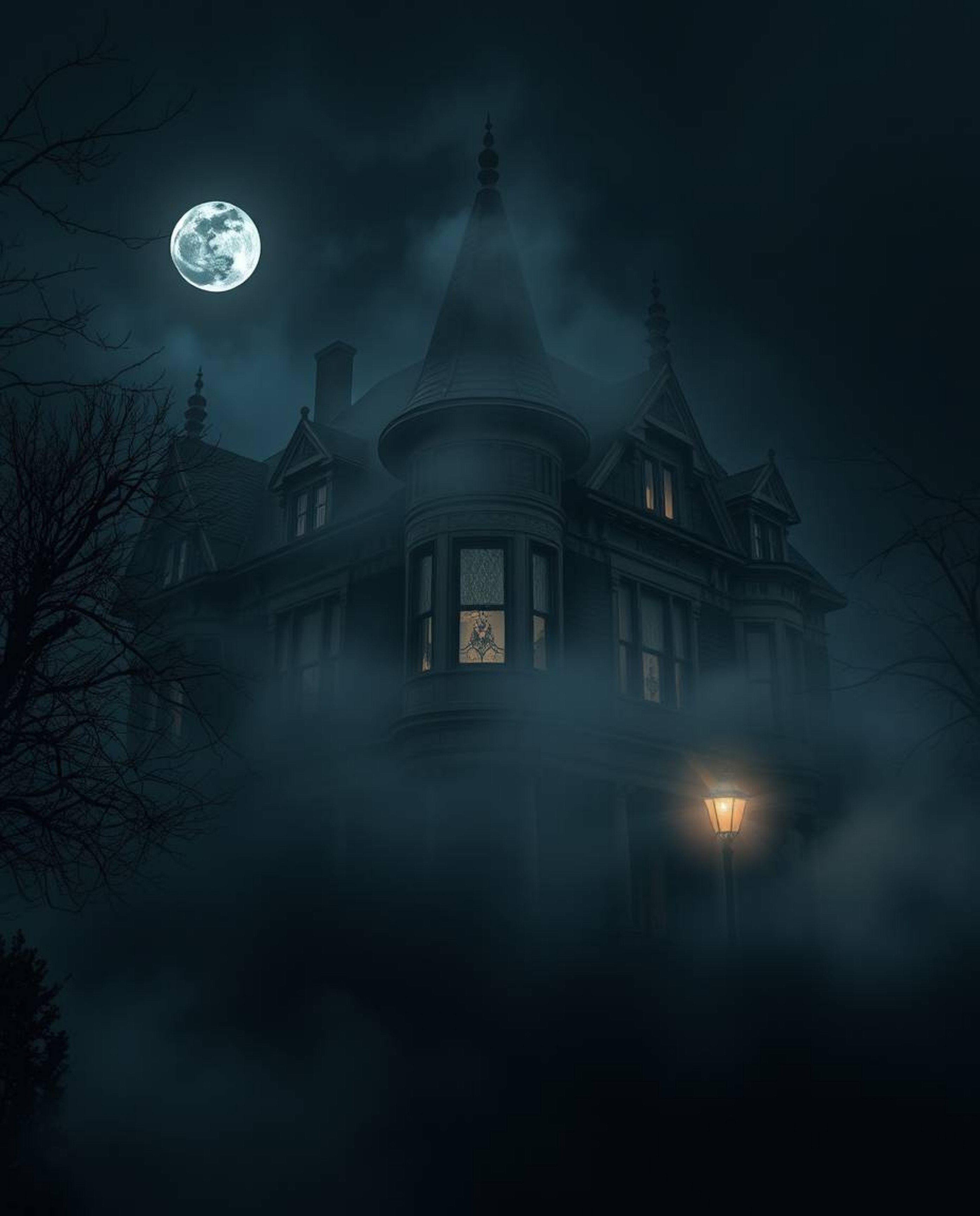 Explore a chilling scene of a fog-covered Victorian mansion bathed in moonlight, rendered with high contrast, low-key lightin