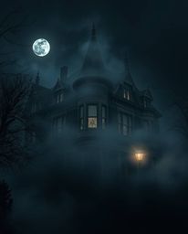 Explore a chilling scene of a fog-covered Victorian mansion bathed in moonlight, rendered with high contrast, low-key lightin