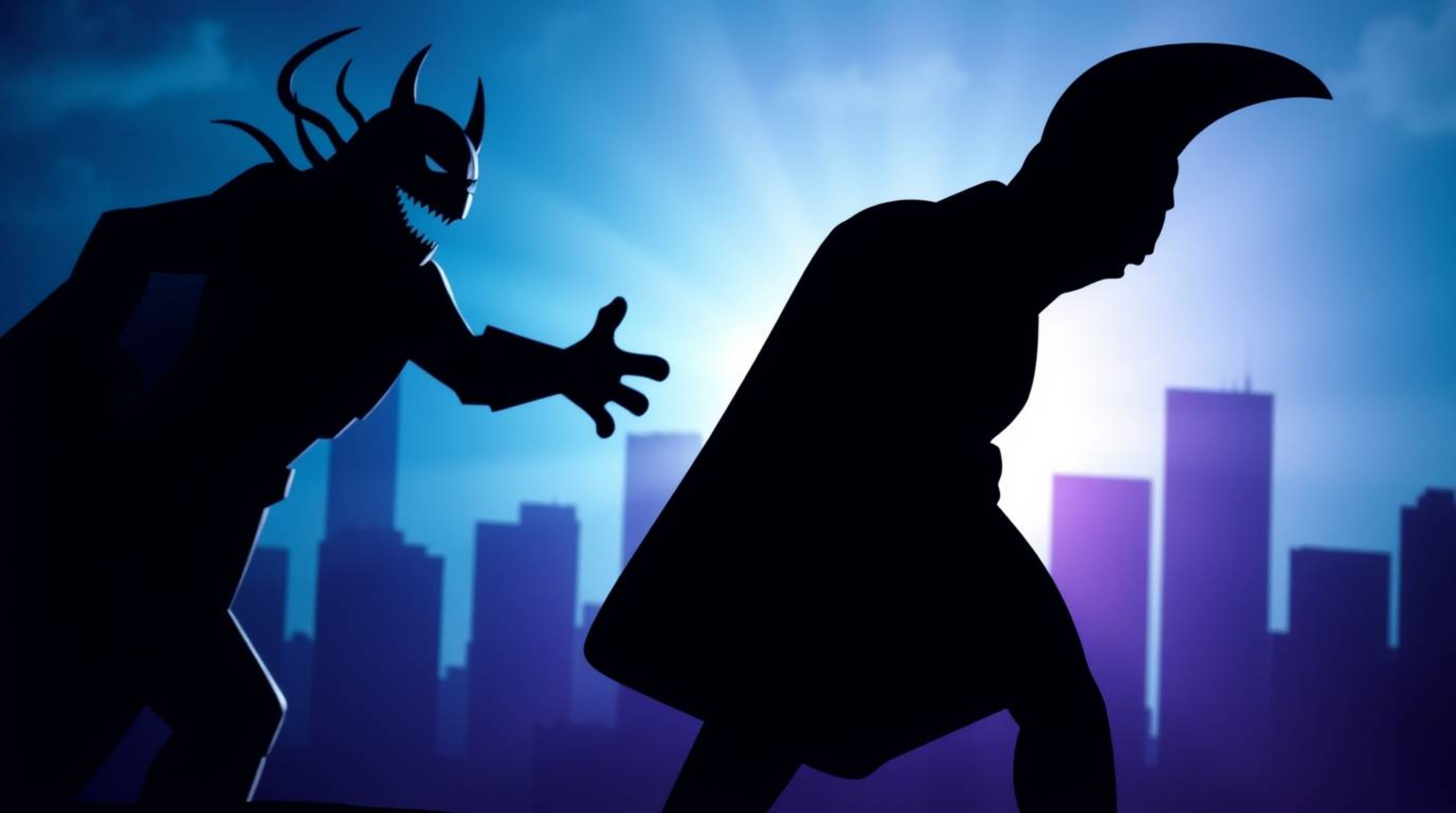 A silhouetted superhero, clad in a cape, engages in a dynamic battle against a comical villain.  The scene is dramatically li