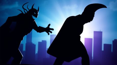A silhouetted superhero, clad in a cape, engages in a dynamic battle against a comical villain.  The scene is dramatically li
