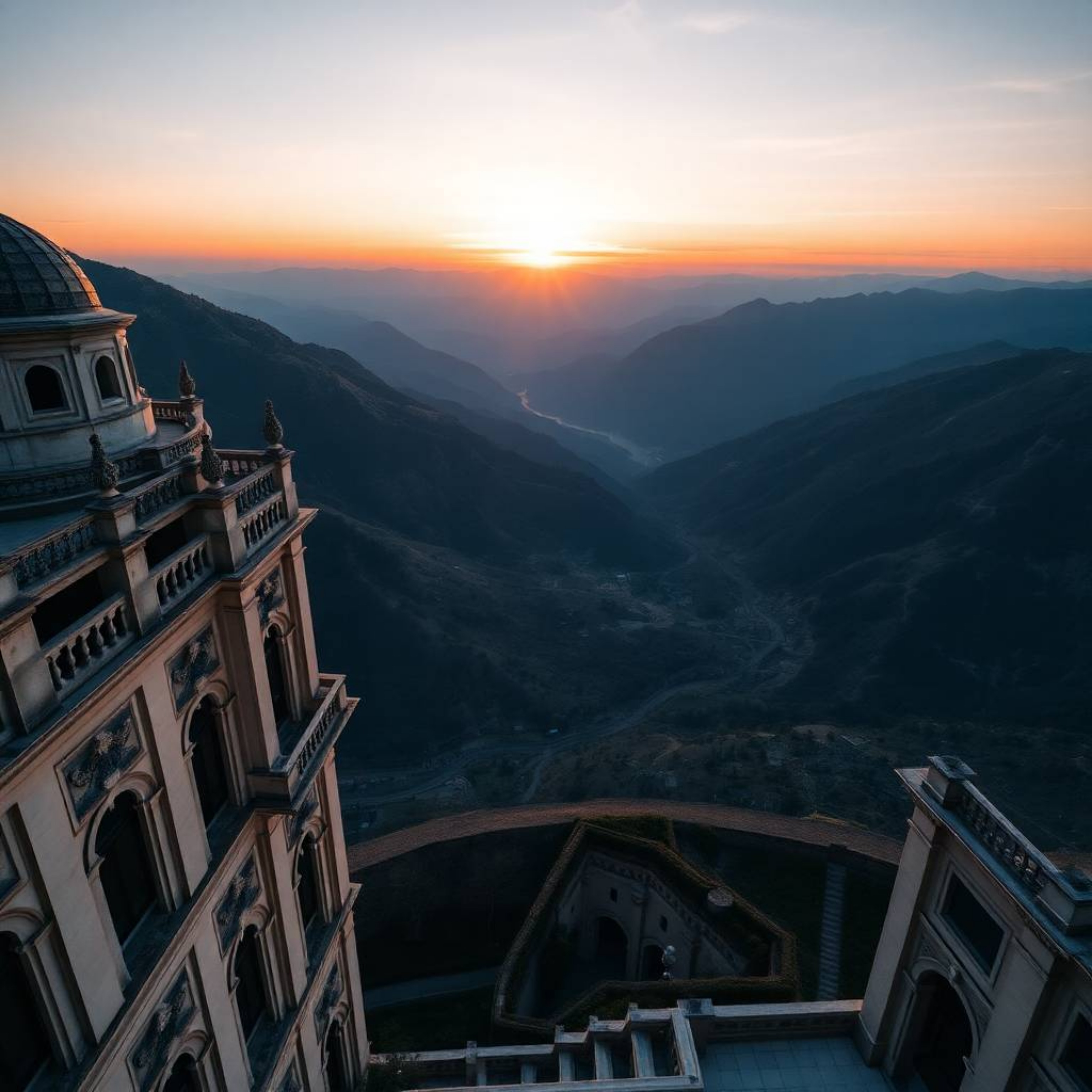 A stunning architectural photograph captures a breathtaking sunset over a serene mountain valley.  Taken from a unique bird's