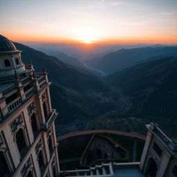 A stunning architectural photograph captures a breathtaking sunset over a serene mountain valley.  Taken from a unique bird's