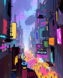 A vibrant digital sketch depicts a futuristic city in glitch mode.  Loose painterly strokes create a dynamic scene featuring 