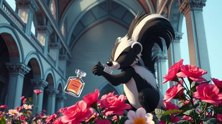 A captivating architectural color photograph showcasing a cartoon skunk delicately spraying perfume onto vibrant flowers. The