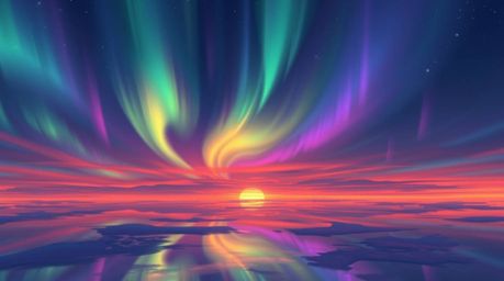 A captivating digital painting depicts the mesmerizing Northern Lights gracefully unfolding across a vibrant sunset sky.  Iri