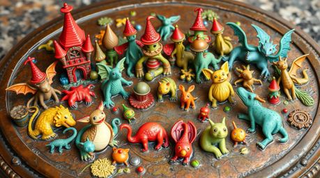 Explore a vibrant fantasy kingdom brimming with quirky magical creatures, captured in stunning detail on a cast bronze surfac