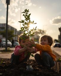 Capture the essence of urban life with this candid street photography showcasing adorable hands planting a tree under a stunn