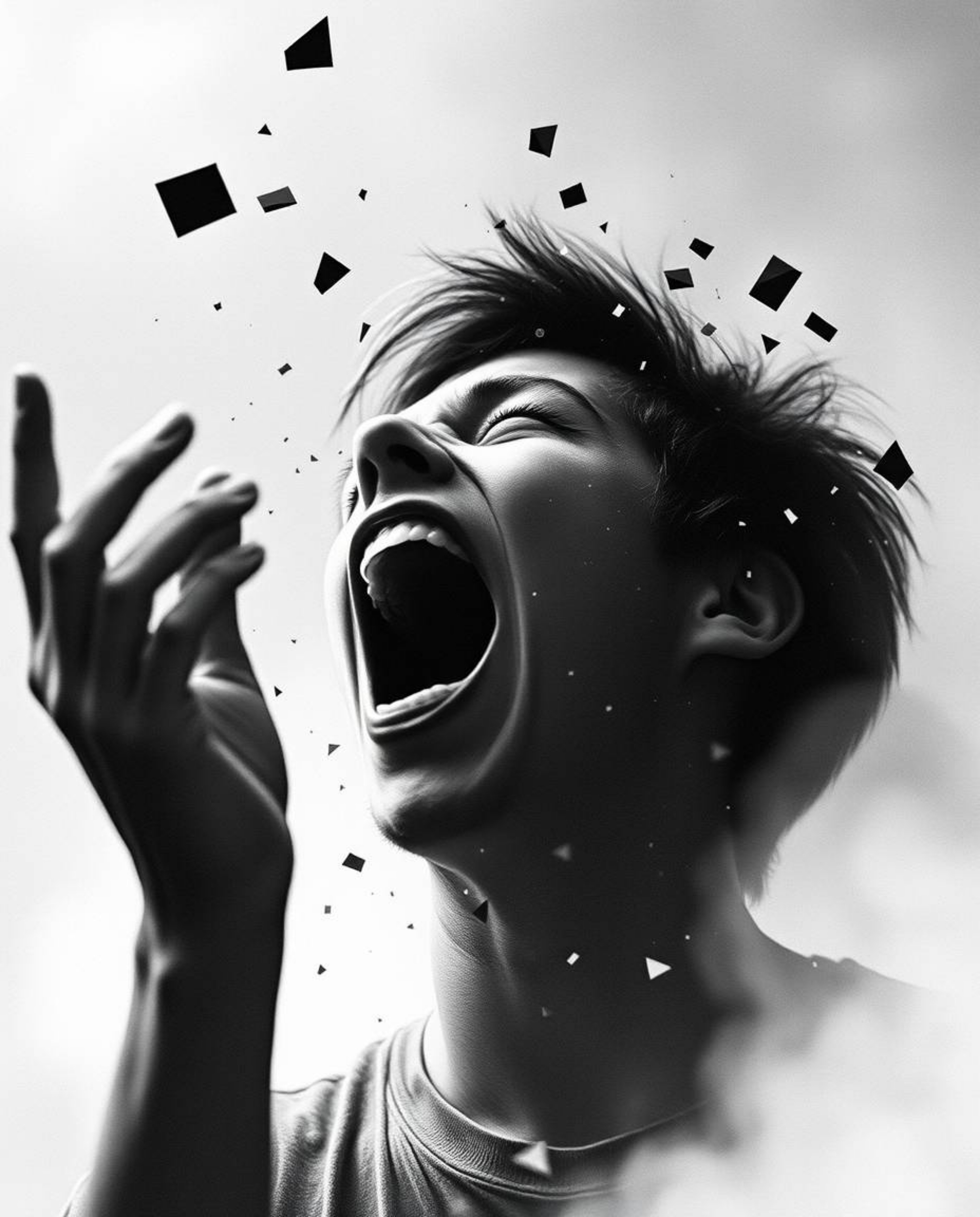 A timeless black and white image depicting a person screaming as the world around them dramatically shatters into pixels. The