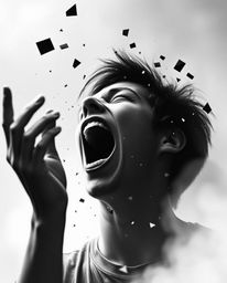 A timeless black and white image depicting a person screaming as the world around them dramatically shatters into pixels. The