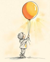 A captivating hand-drawn sketch depicts a child holding a balloon, rendered in natural earth tones. The scene is enhanced wit