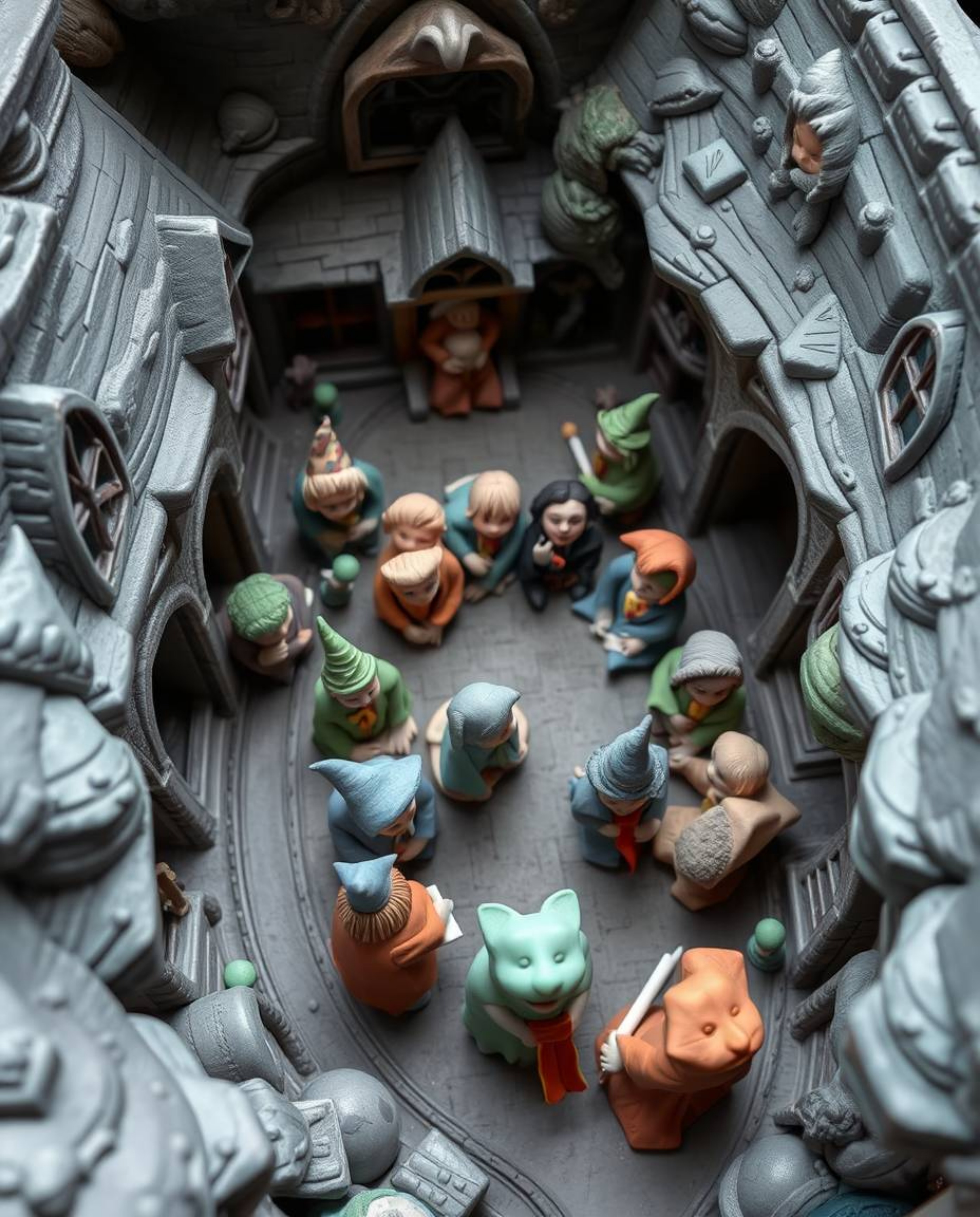 A stunning overhead bird's-eye view clay sculpture depicting a magical school brimming with young wizards.  The piece showcas
