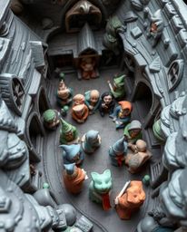 A stunning overhead bird's-eye view clay sculpture depicting a magical school brimming with young wizards.  The piece showcas