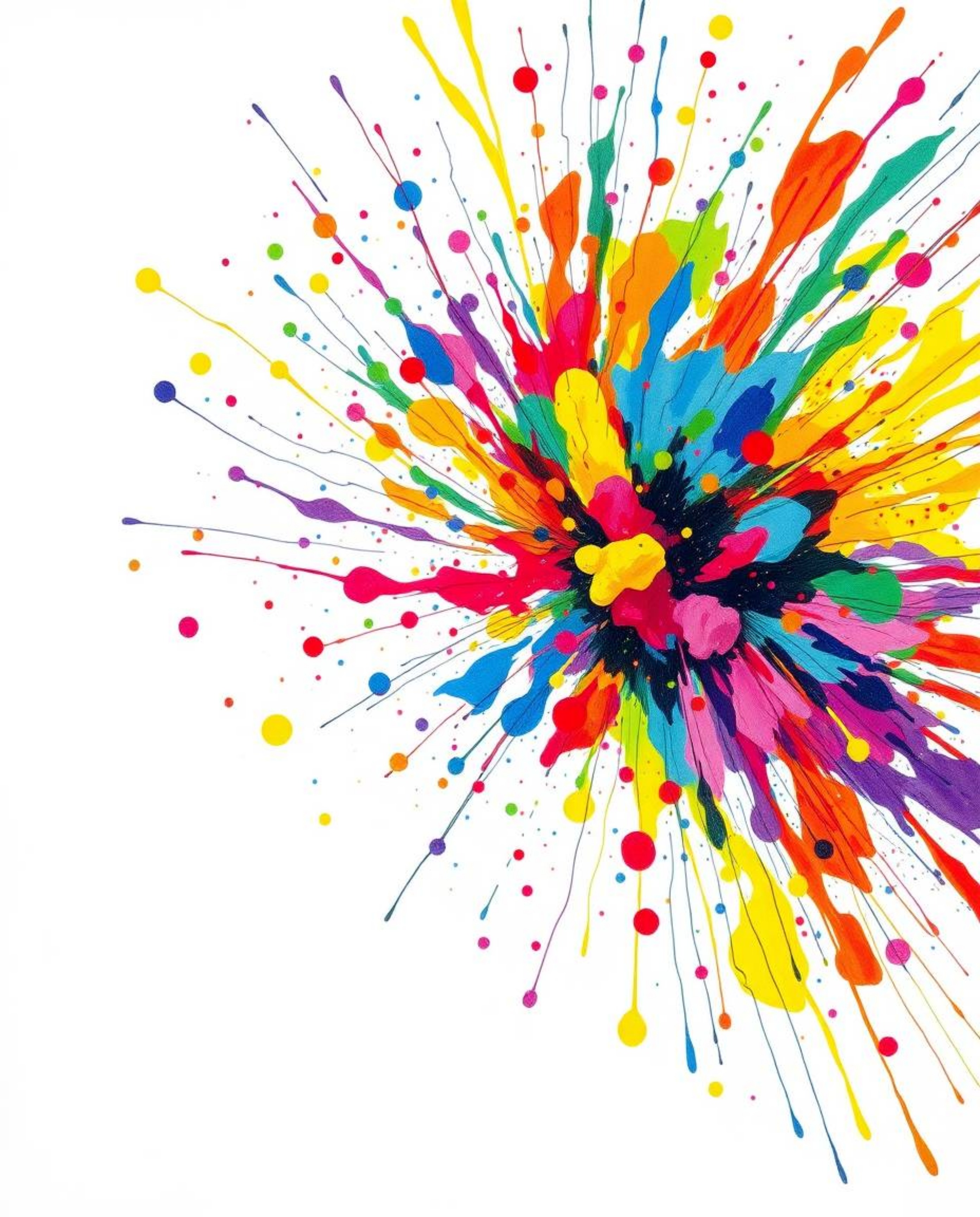 A vibrant explosion of colorful paint splashes dominates a white canvas in this low-angle, hand-drawn sketch created in a ske
