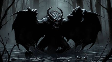A jet-black ogre dances within a murky swamp, its form sharply defined by intense blacks and deep shadows, creating a captiva