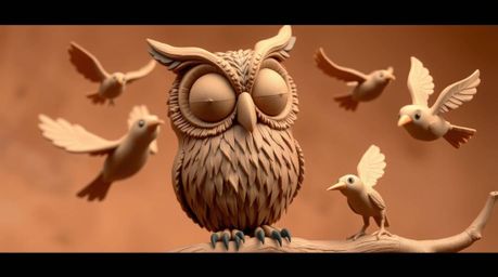 This sculptural clay artwork depicts a blind owl with expressive features, modeled in clay in a Pixar style. The owl is engag