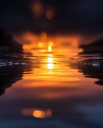A tight close-up shot focusing on the detailed reflection of a sunset in a glassy fjord. This perspective brings the intricat