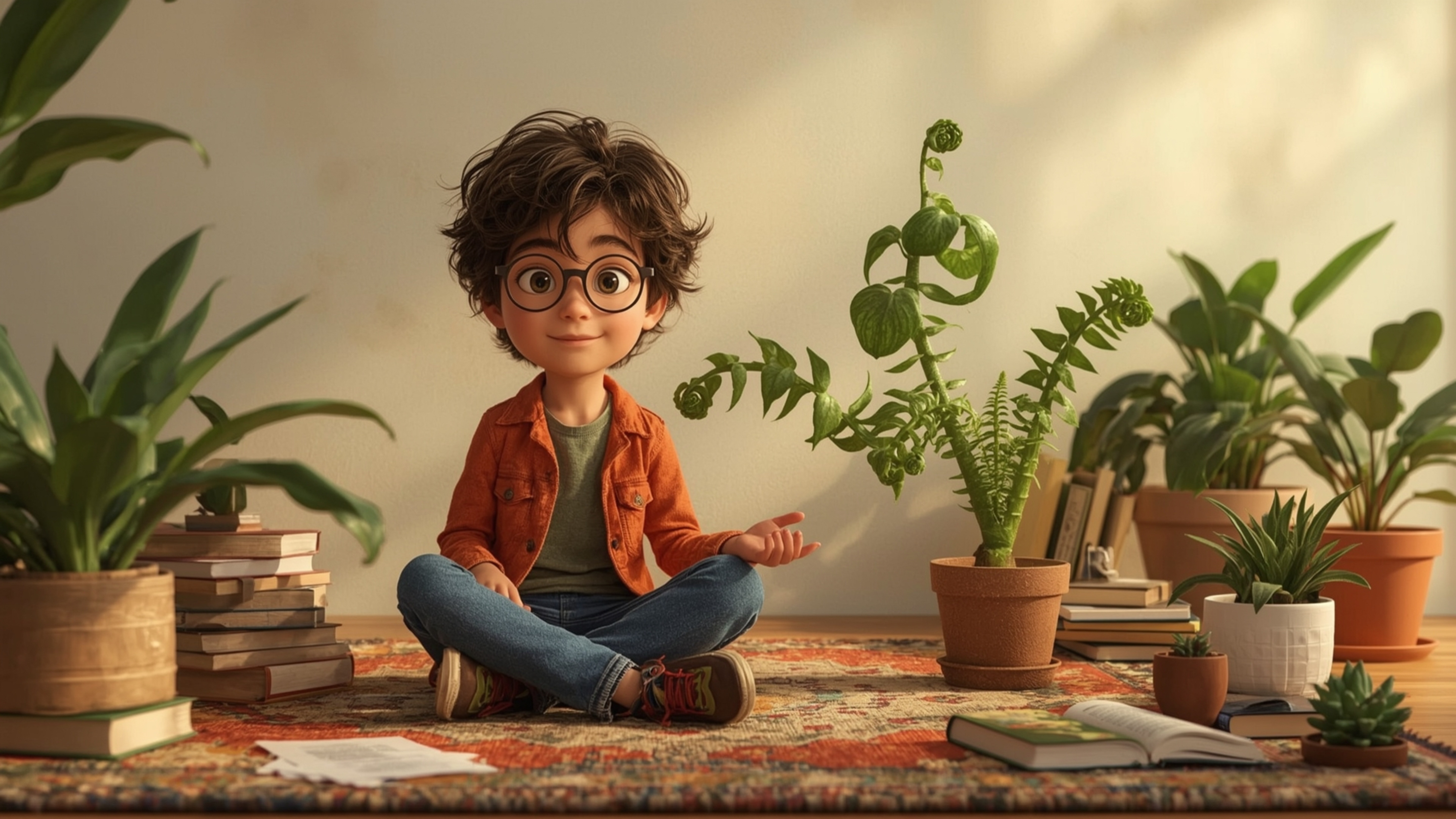 a vibrant, whimsical photograph reminiscent of Pixar's style, featuring a homeschooled genius, a bespectacled adolescent with