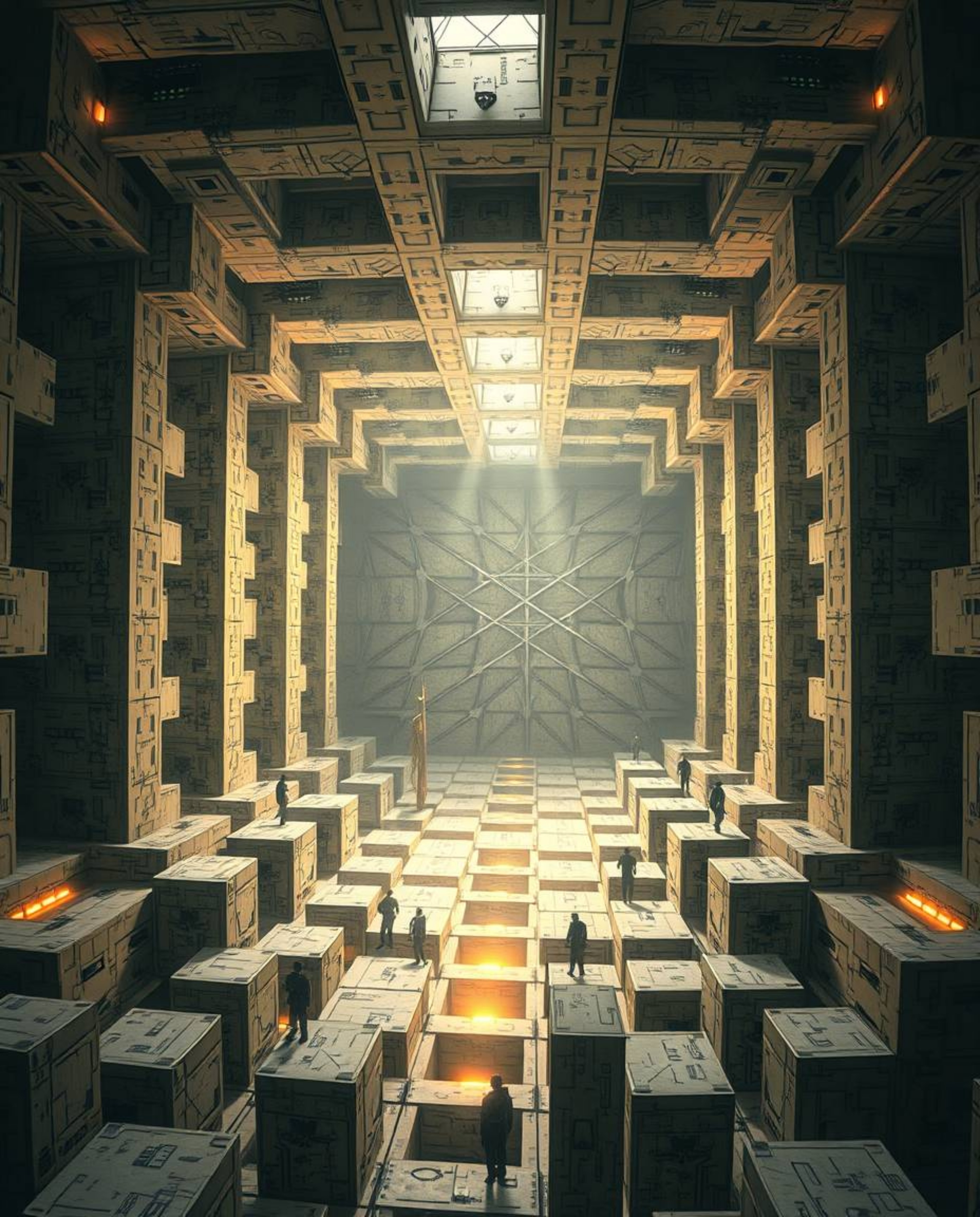 Immerse yourself in a modern, futuristic grand epic scene showcasing a mesmerizing repetitive cube pattern in Escher-style im