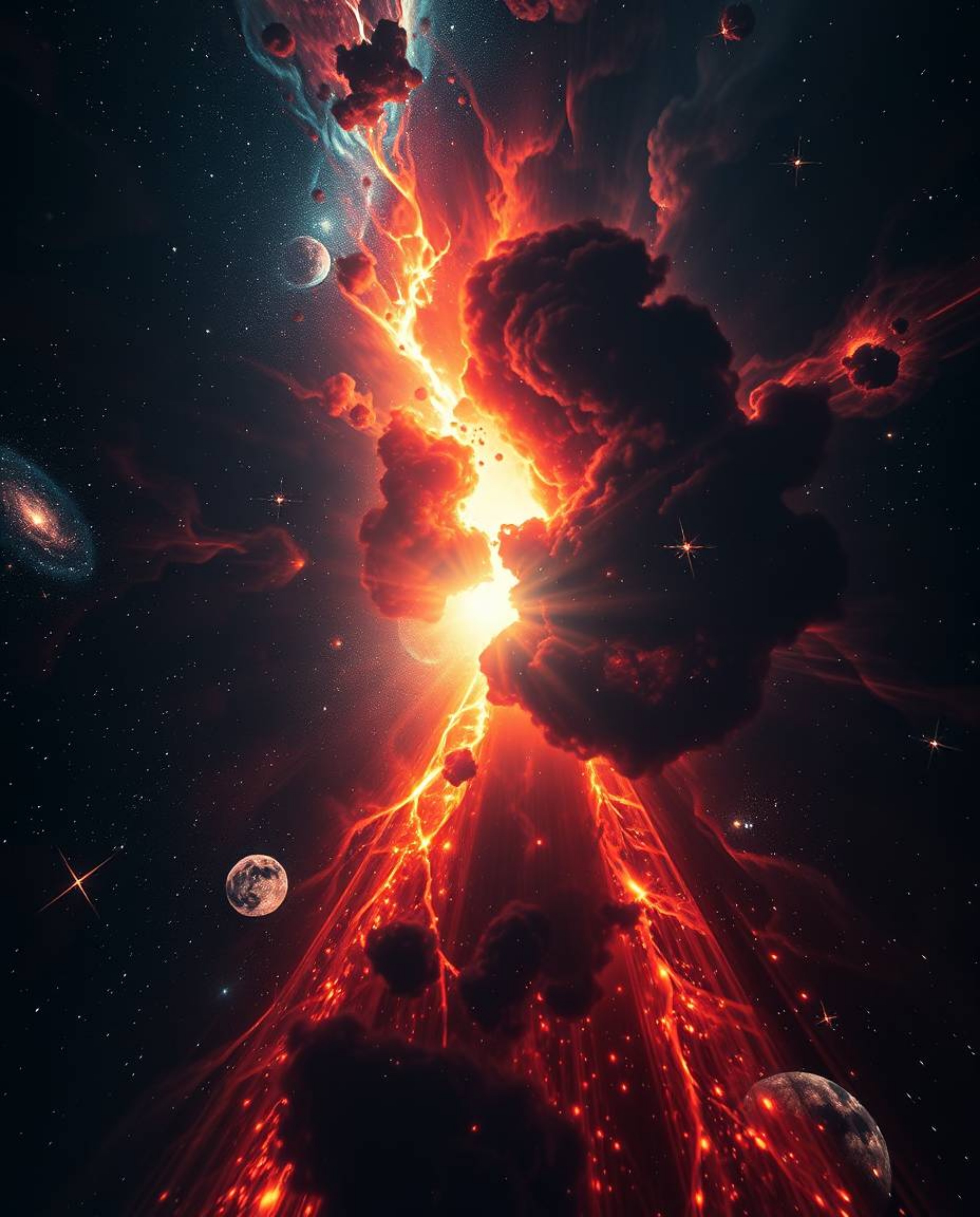 Experience the dramatic and cinematic beauty of colliding galaxies in a cosmic explosion. This image features strong, hard li