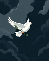 This stunning modern flat design depicts a dove carrying an olive branch through stormy skies, utilizing contrasting chiarosc
