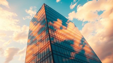 A modern glass building seamlessly merging with the sky and soft clouds, embodies the concepts of ambition and infinity. The 