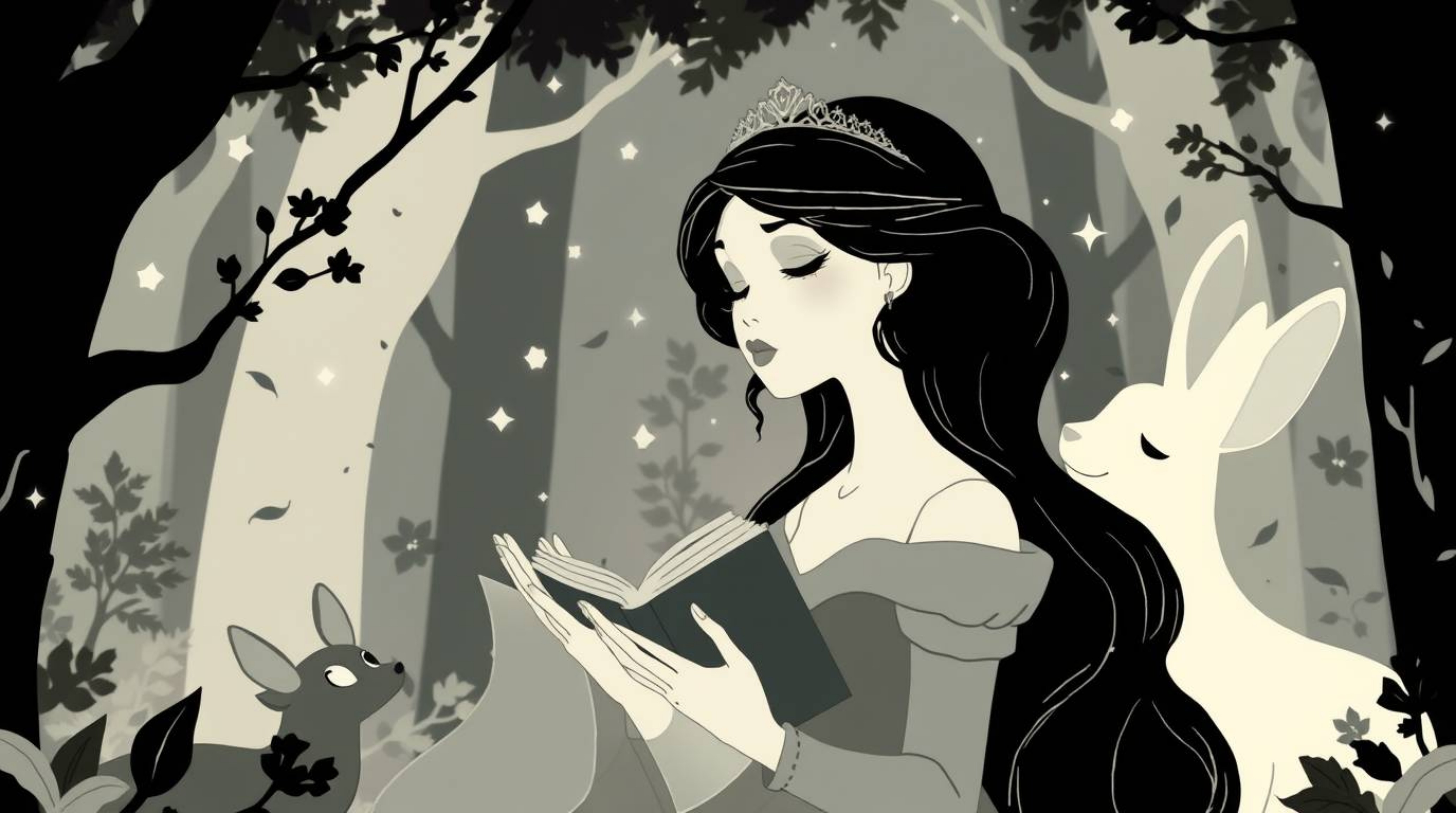 A princess with refined features sings gracefully with forest animals in a vintage 2D animation style, presented in bold sect